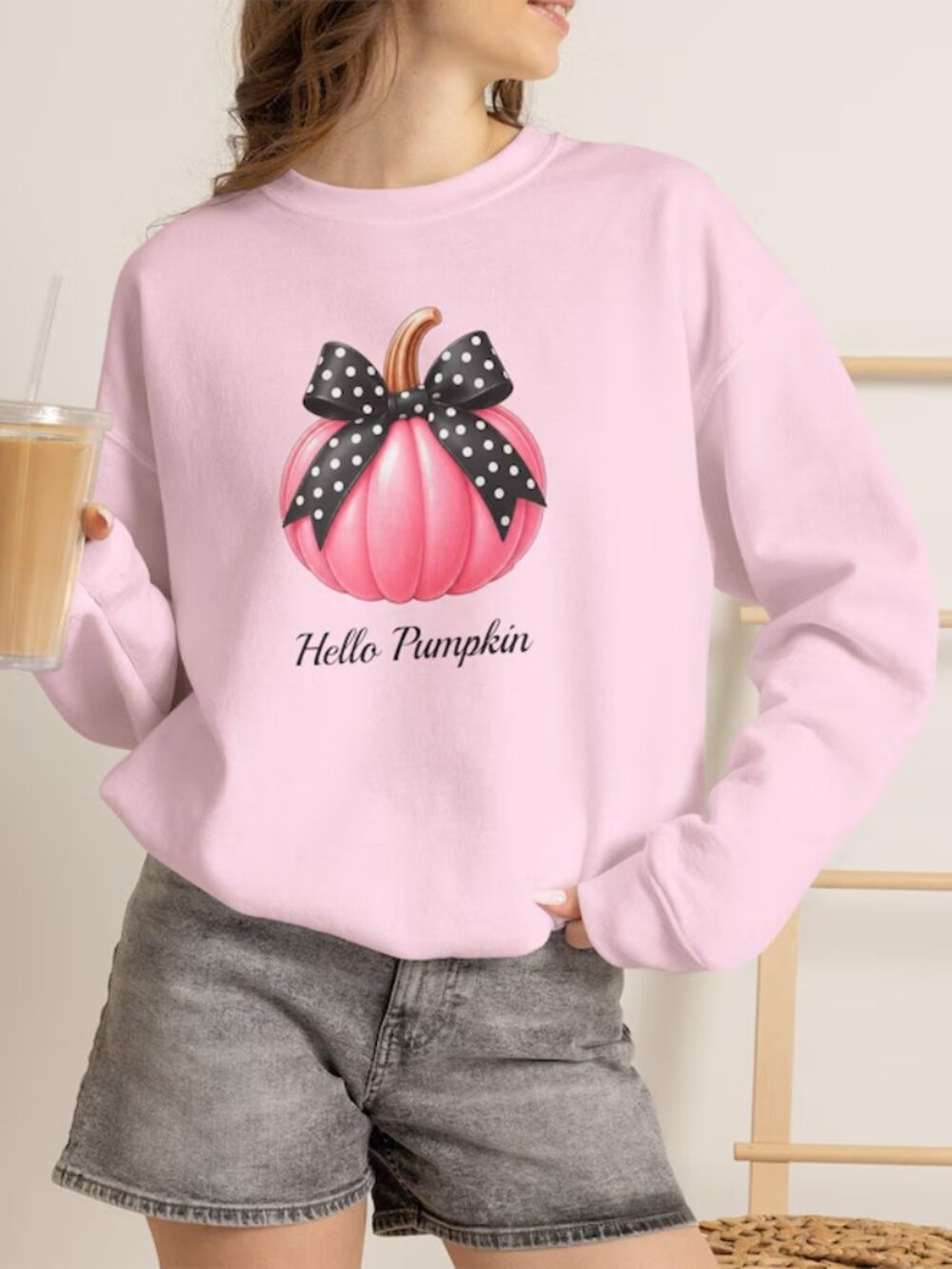 Gildan "Hello Pumpkin" Pink Graphic Sweatshirt | Pink Pumpkin Bow | Size Large